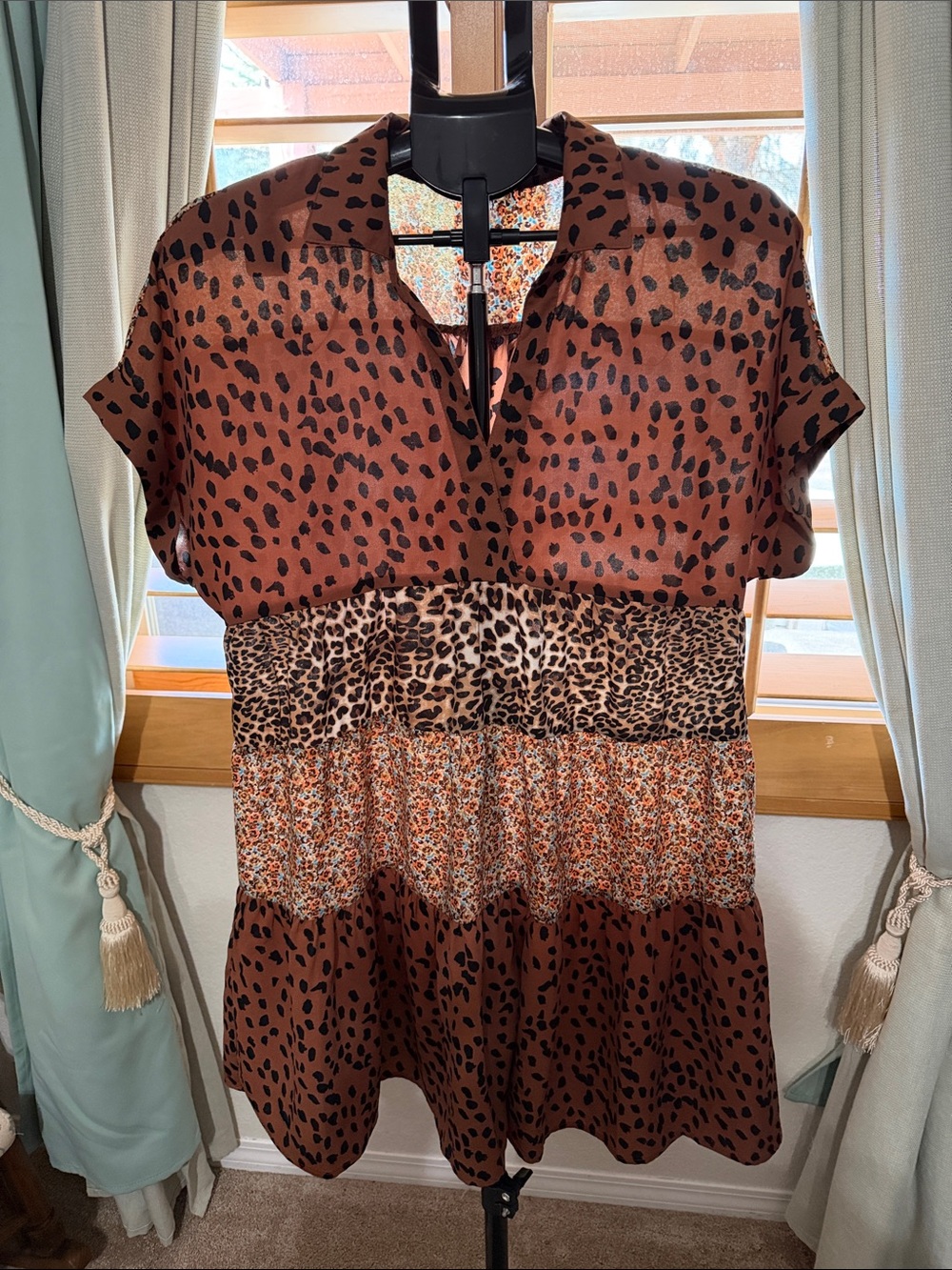 Brown Mixed-Animal Print Tiered Short Sleeve dress